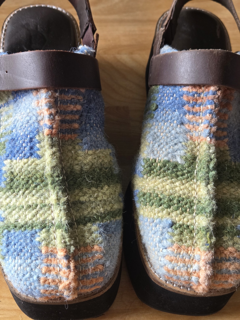 Free People Blue & Green Patterned Platform Clogs with Brown Leather Strap - Picture 8 of 8